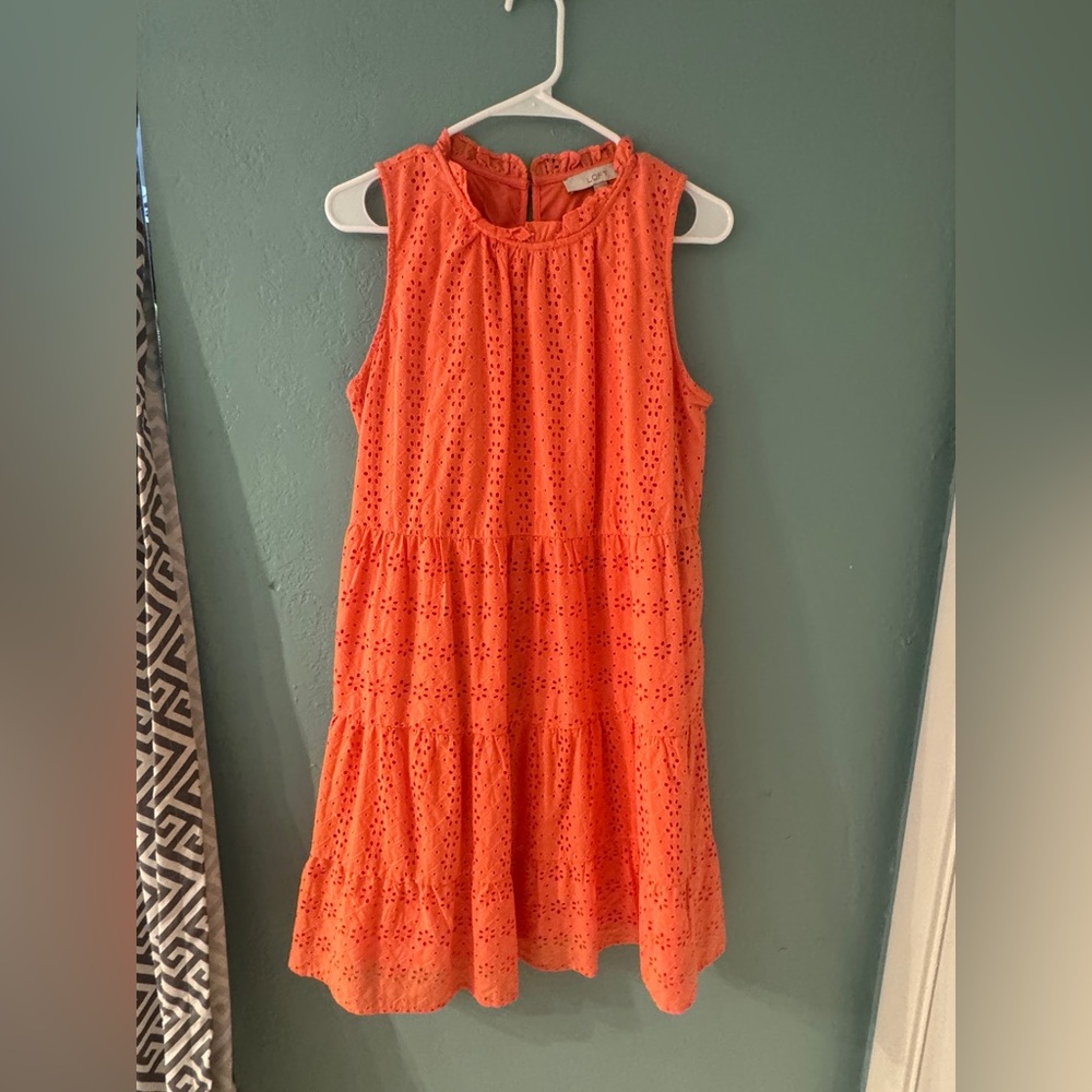 LOFT Orange Tiered Sundress Sleeveless Crew Neck